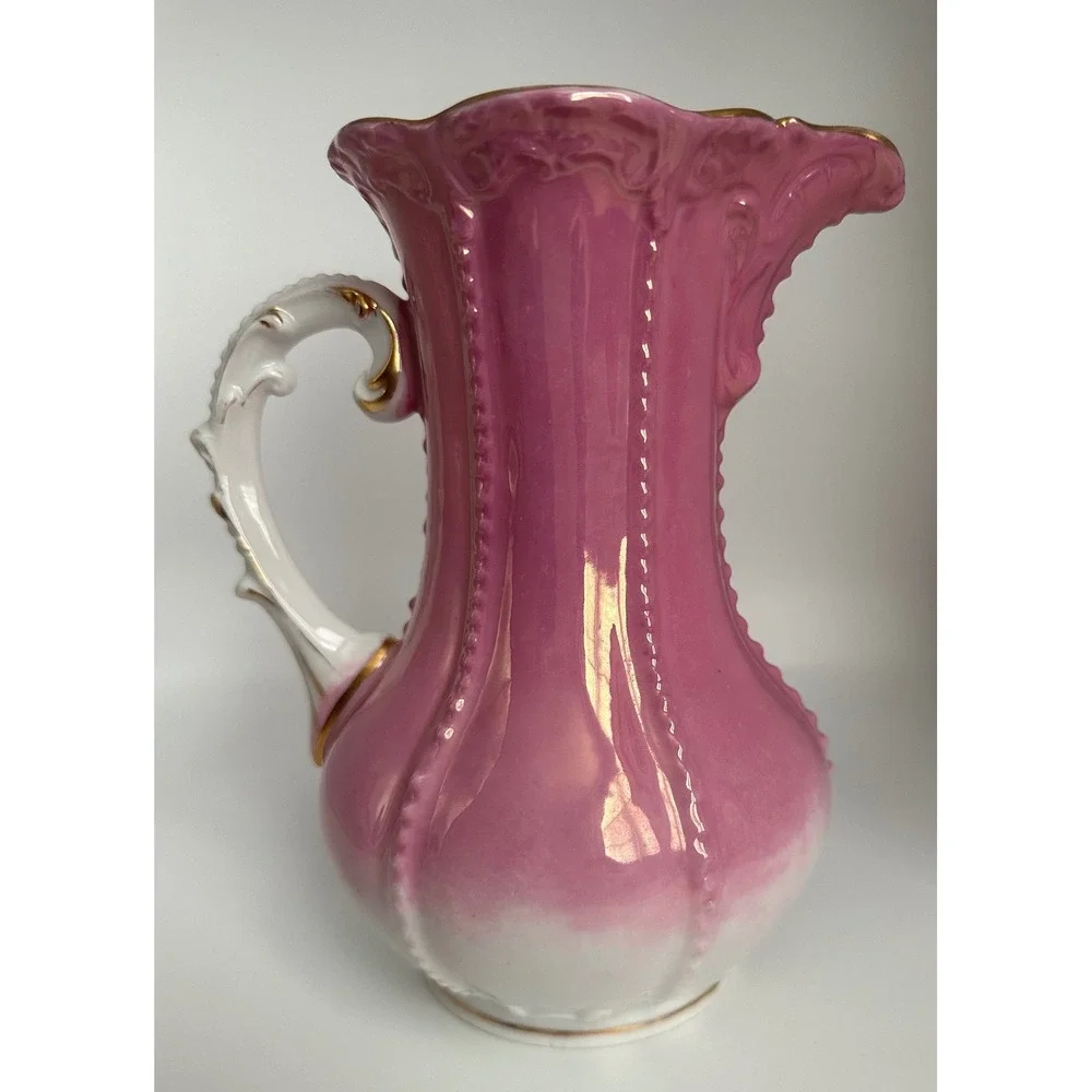 VTG Pink Ombre Porcelain Pitcher Gold Gilded Ornate Handle Mold 6975‎ Victorian